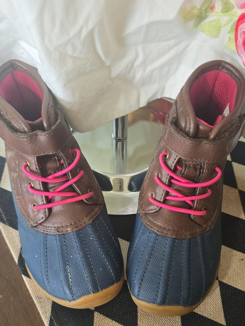 Stride Rite Brown & Navy Kids Boots with Pink Laces Duck Boots Toddlers 8